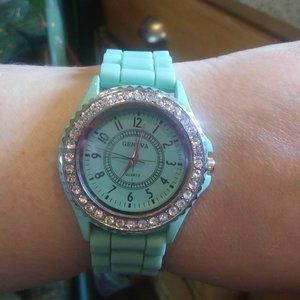 Super Cute Mint Green Silicone Watch with Crystals around face